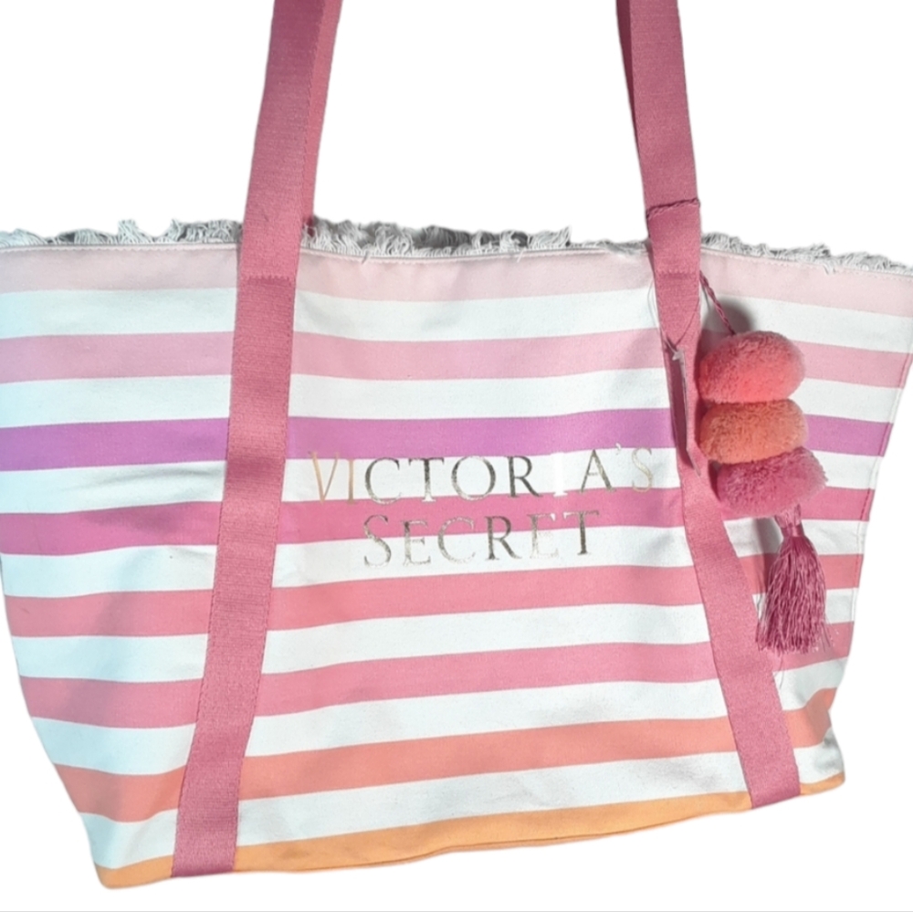 Victoria's Secret pink white stripe beach tote bag NWT